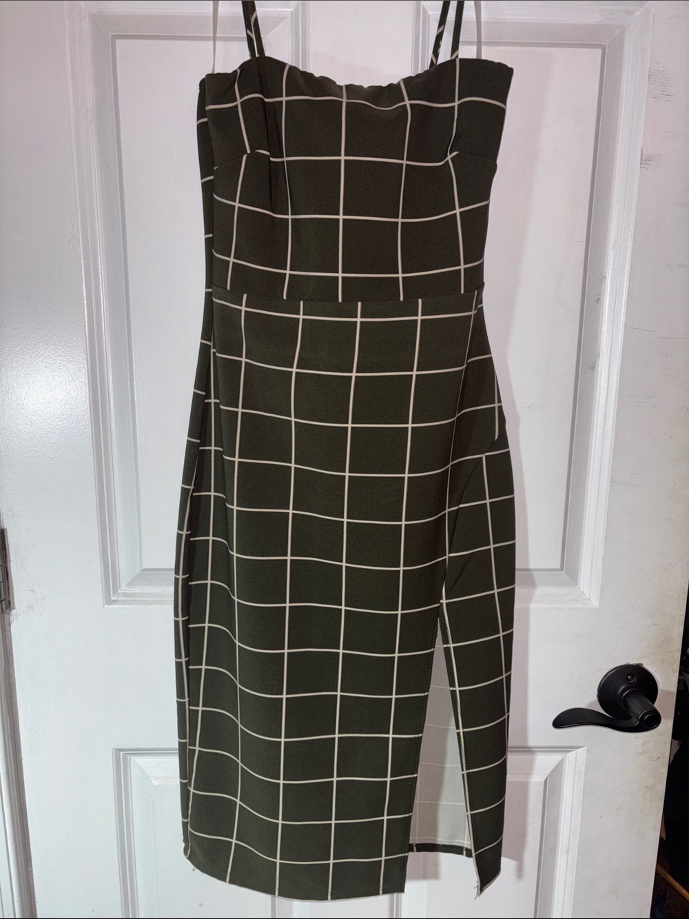Blue Blush Olive Grid-Print Midi Dress with Spaghetti Straps